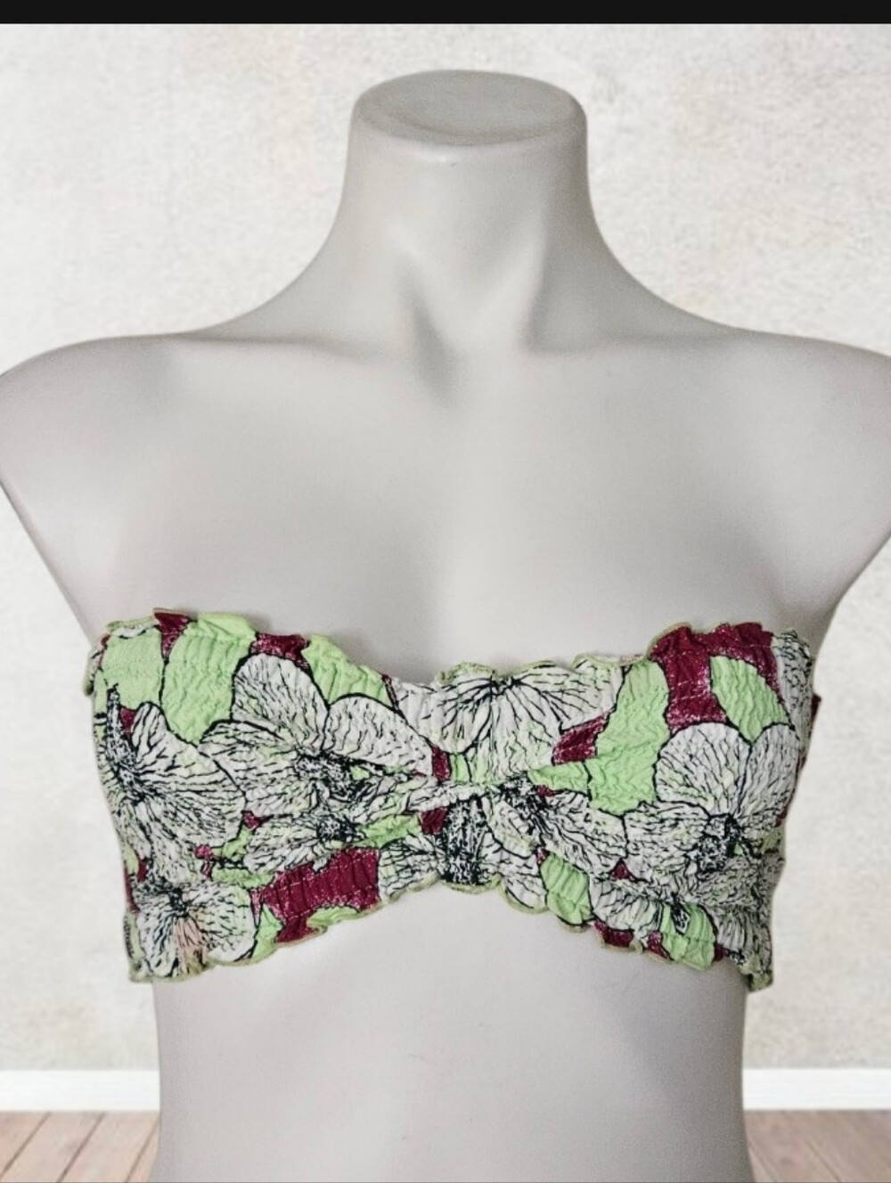 Zero Waste Smock Floral Bandeau Rayon Tube Top - Green & Burgundy Small